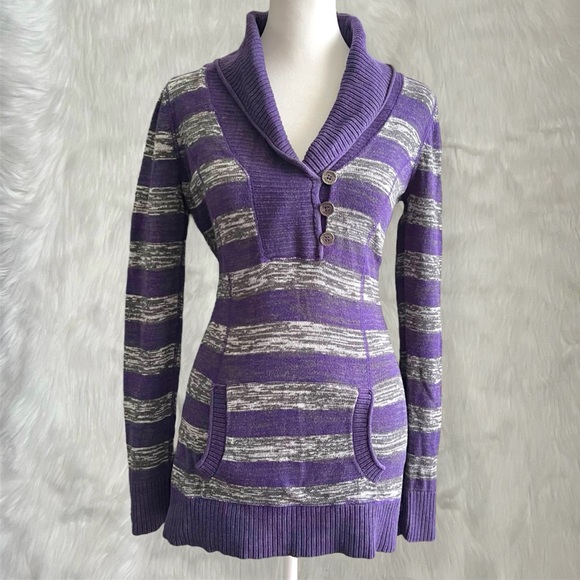 Guess Purple & Gray Striped Sweater with Button Details and Front Pockets - Picture 1 of 5